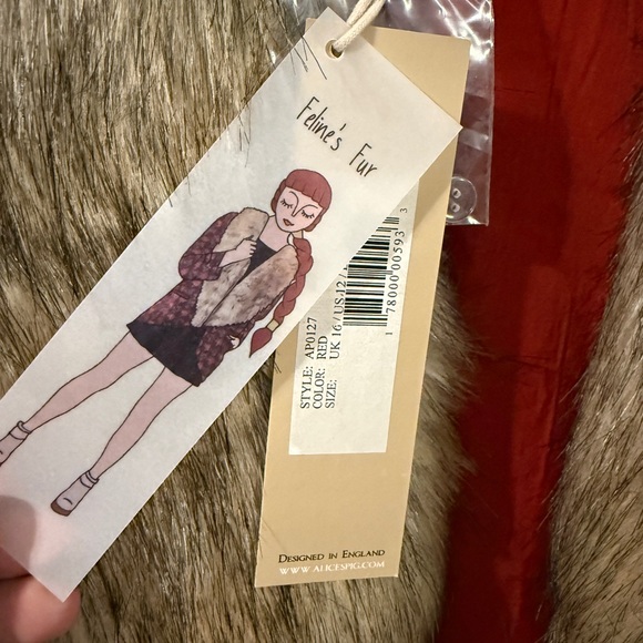 MODCLOTH ALICE’S PIG FELINE FUR Faux Fur Collar Red Jacket 12 NWT Retro Vintage - Picture 6 of 8